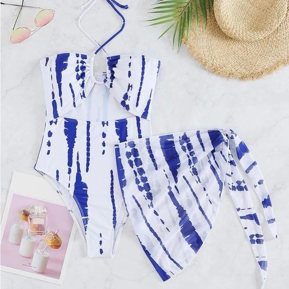 Tie Dye Cut Out Halter One Piece Swimsuit With Beach Skirt *NEW* - Picture 2 of 5